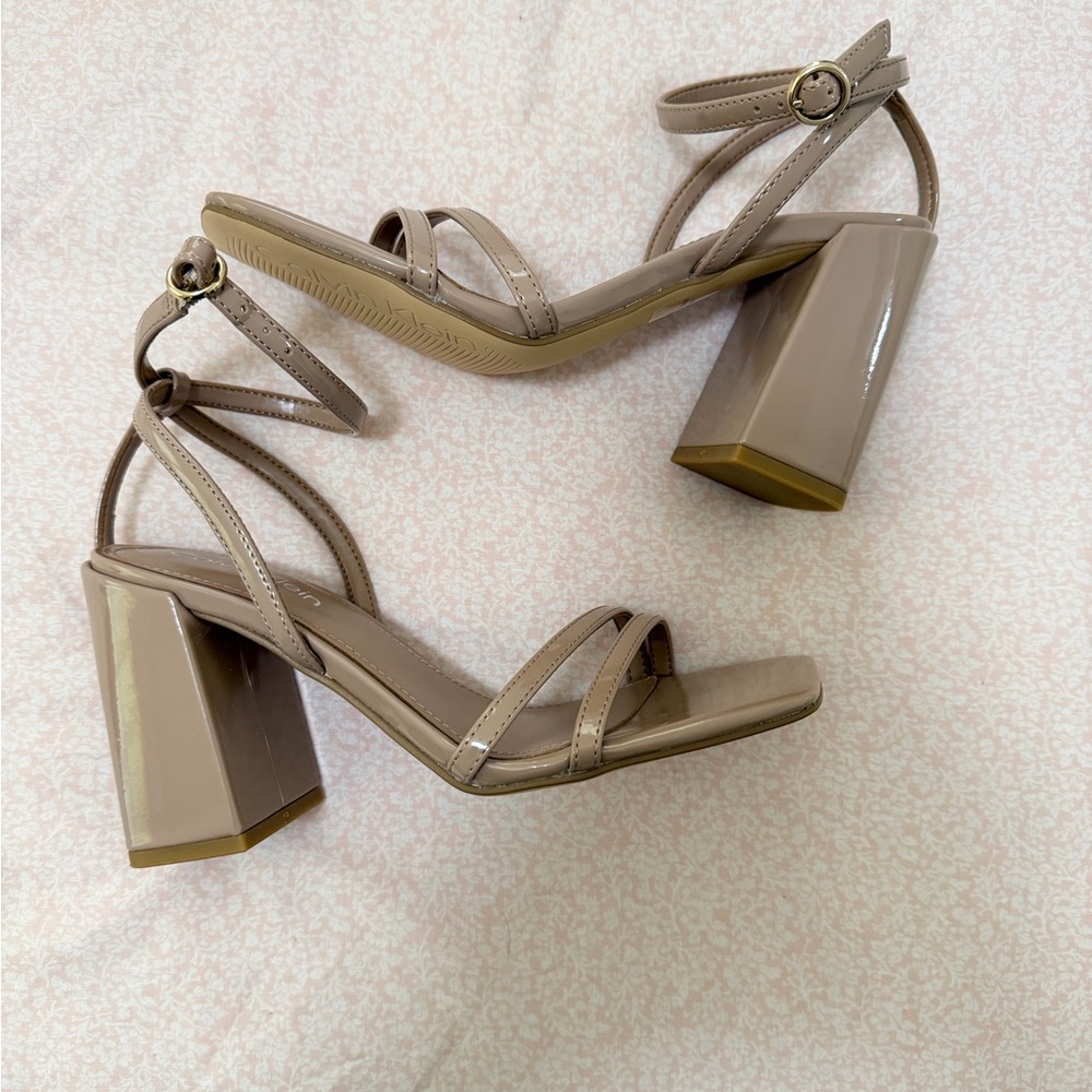 Calvin Klein Patent Strappy Block Heel Sandals in Taupe